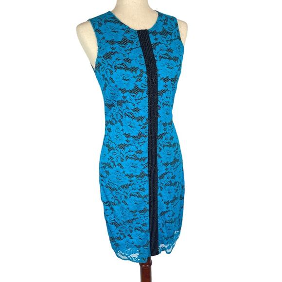 Belle By Badgley Mischka Sleeveless Lace Sheath Cocktail Dress Blue Black Size 4 - Picture 1 of 10